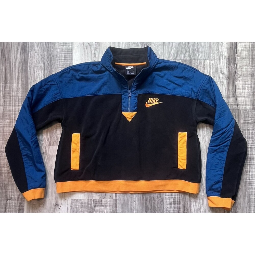 Women’s Nike Medium Cropped Half Zip Pullover Fleece Jacket Black Blue Orange